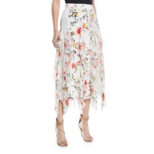 Alice + Olivia Yula 100% silk cream floral handkerchief panel maxi skirt size 0